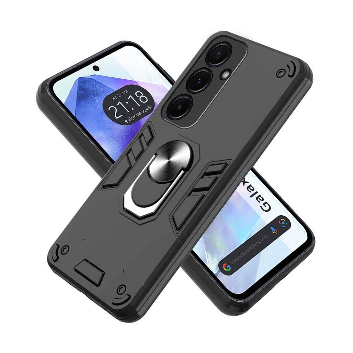 Funda de teléfono negra con soporte para anillo y un teléfono que muestra la fecha y hora.