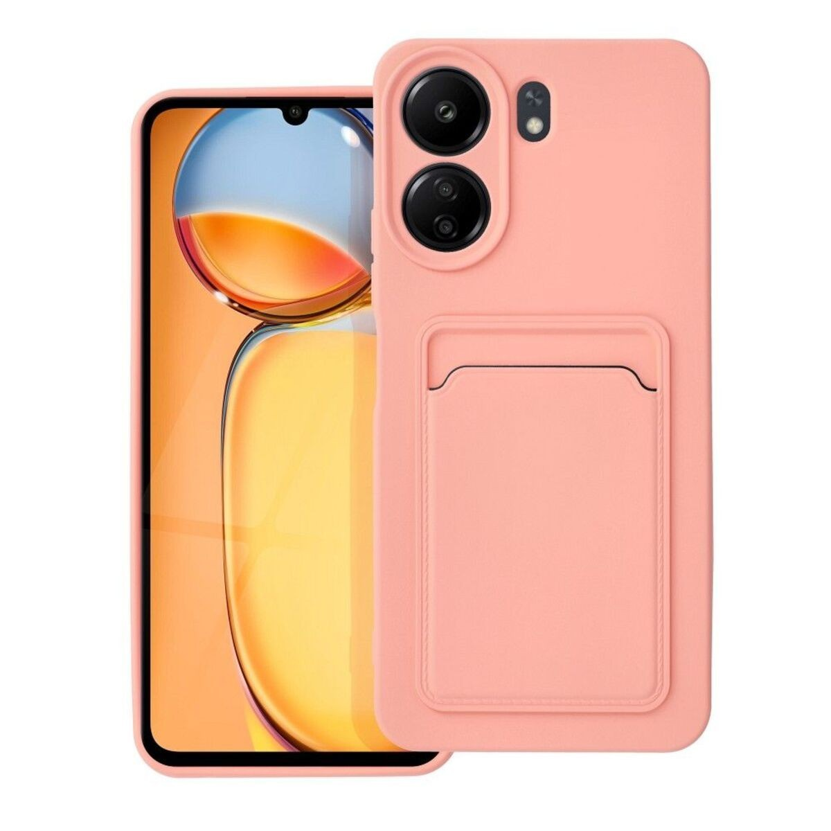 Custodia rosa per telefono con ritagli per fotocamera e un porta carte sul retro.