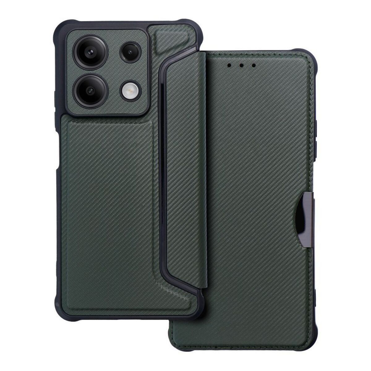 Custodia verde con bordi neri. Un lato aperto con texture verde scuro.