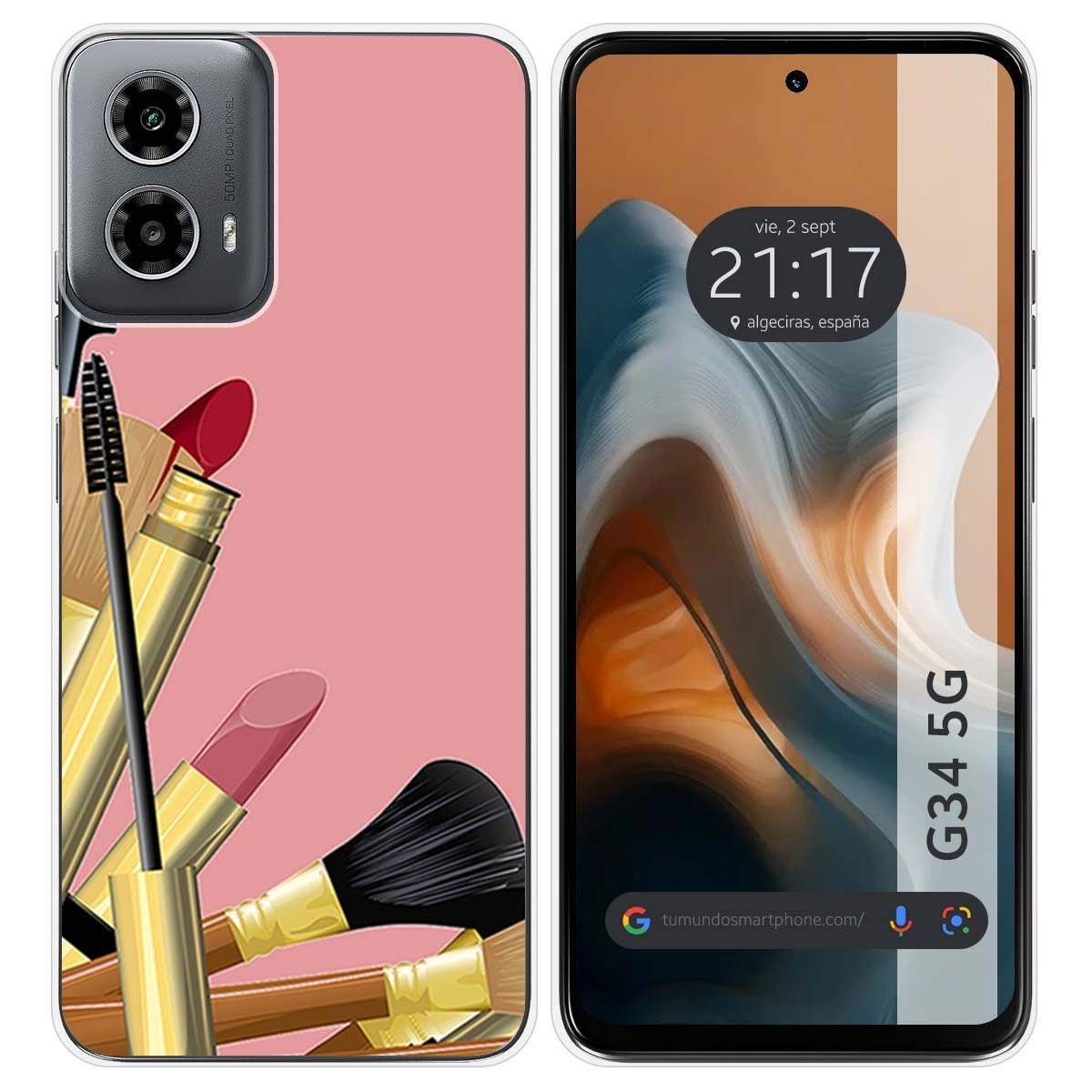 Smartphone con ilustración de herramientas de maquillaje y pantalla con visualización de hora en España.
