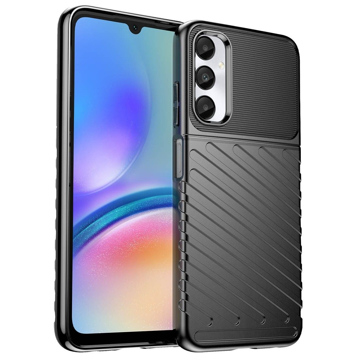 Una custodia nera con un design strutturato. Il telefono a sinistra è visibile, con un grande schermo.