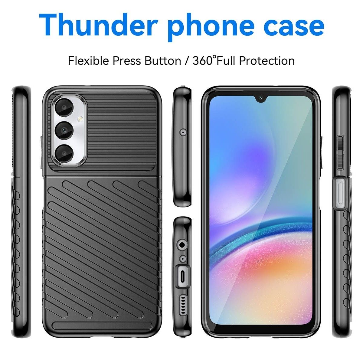 Custodia per telefono nera con un design strutturato. Vengono mostrate diverse angolazioni della custodia, con il telefono all'interno.