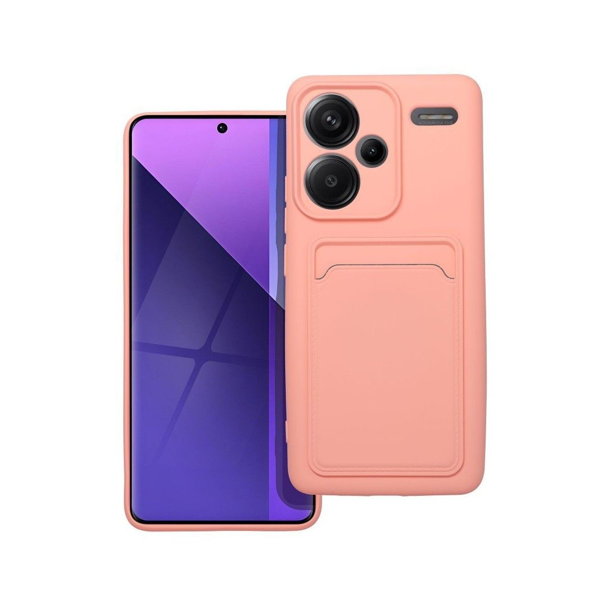 Custodia per telefono rosa con porta carte e telefono che mostra uno schermo viola.