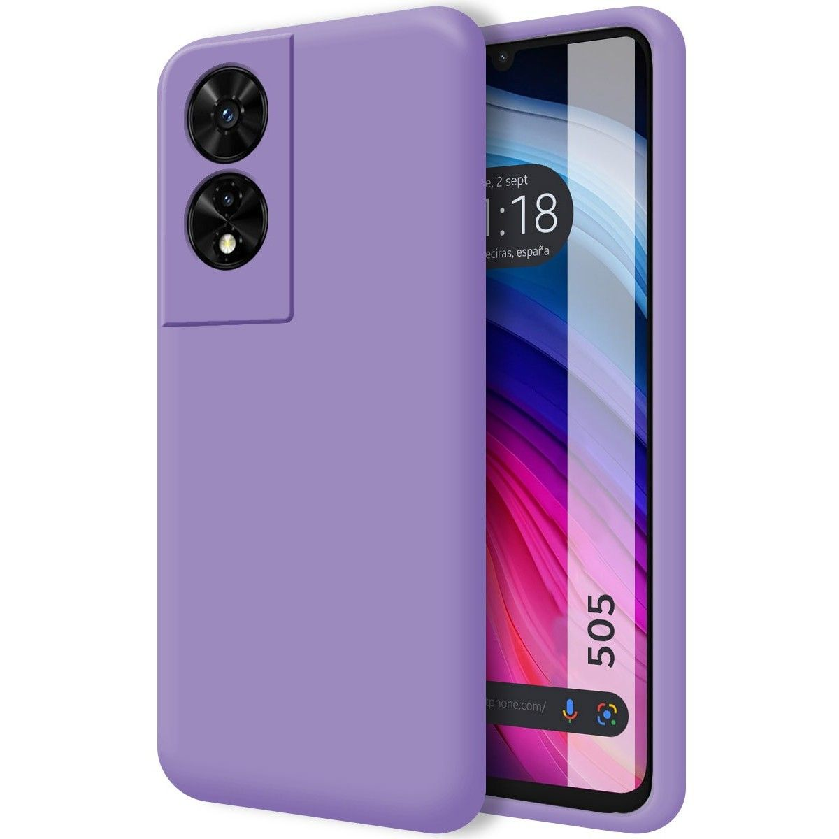 Una custodia per telefono viola accanto a un telefono che mostra l'ora, la data e la parola "505".