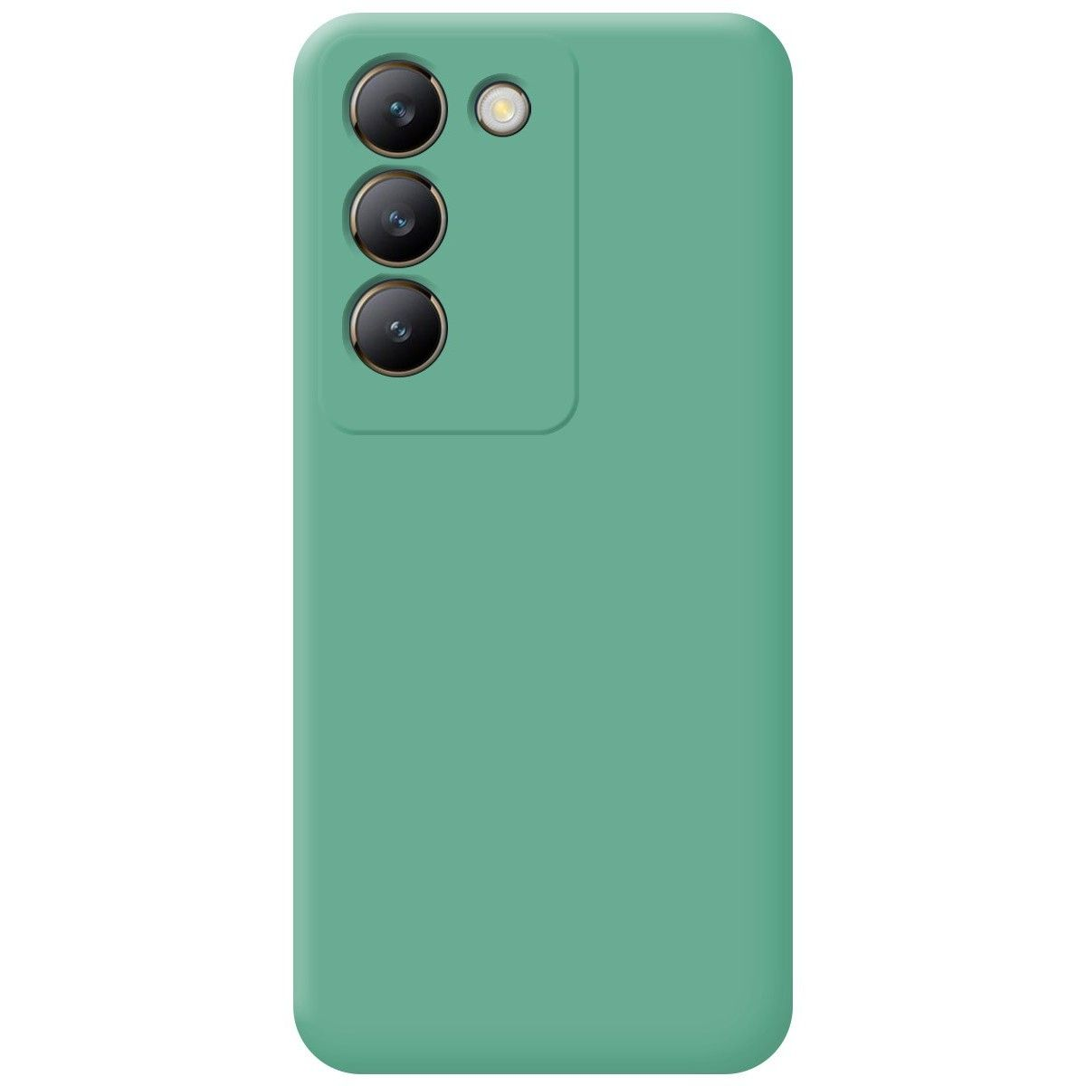 Custodia per telefono verde con tre lenti della fotocamera e flash. Colore verde.