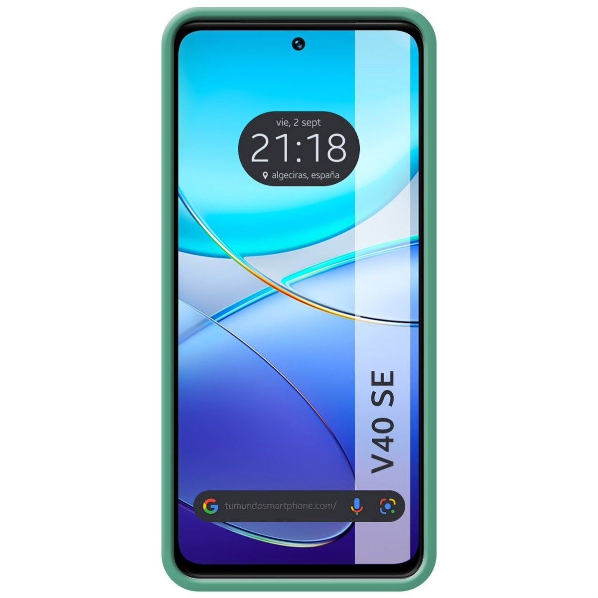Custodia verde per telefono con schermo che mostra ora e data. Le parole 'V40 SE' sono visibili.