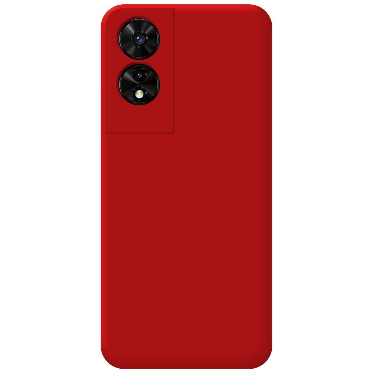 Custodia per telefono rossa con sporgenza per la fotocamera. La custodia è rossa.