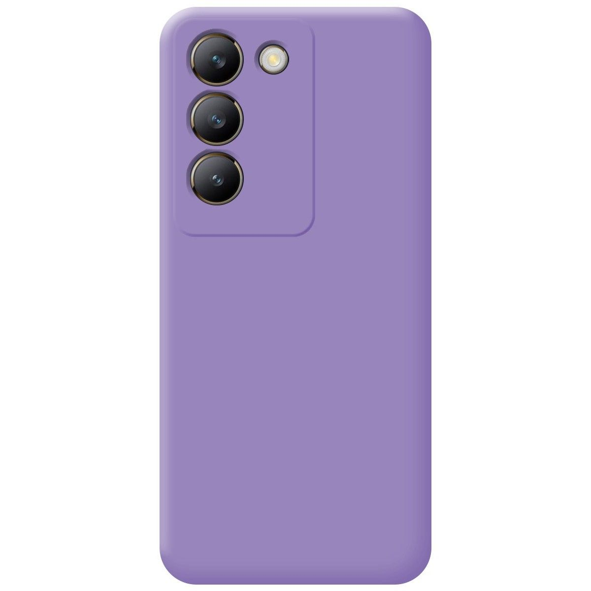 Custodia per telefono lilla con tre fotocamere e un flash, su sfondo bianco.