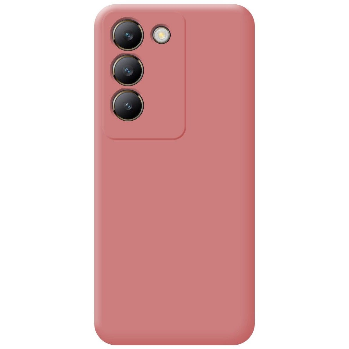 Primo piano di una custodia per telefono rosa polveroso con tre fotocamere e un flash, design semplice.