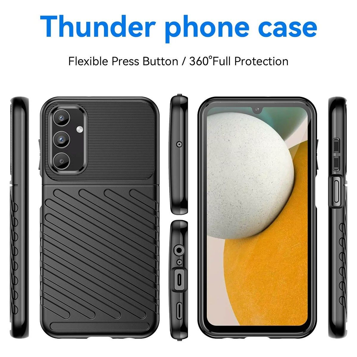 Vistas múltiples de una funda negra con ranuras y recortes. La pantalla del teléfono es visible.
