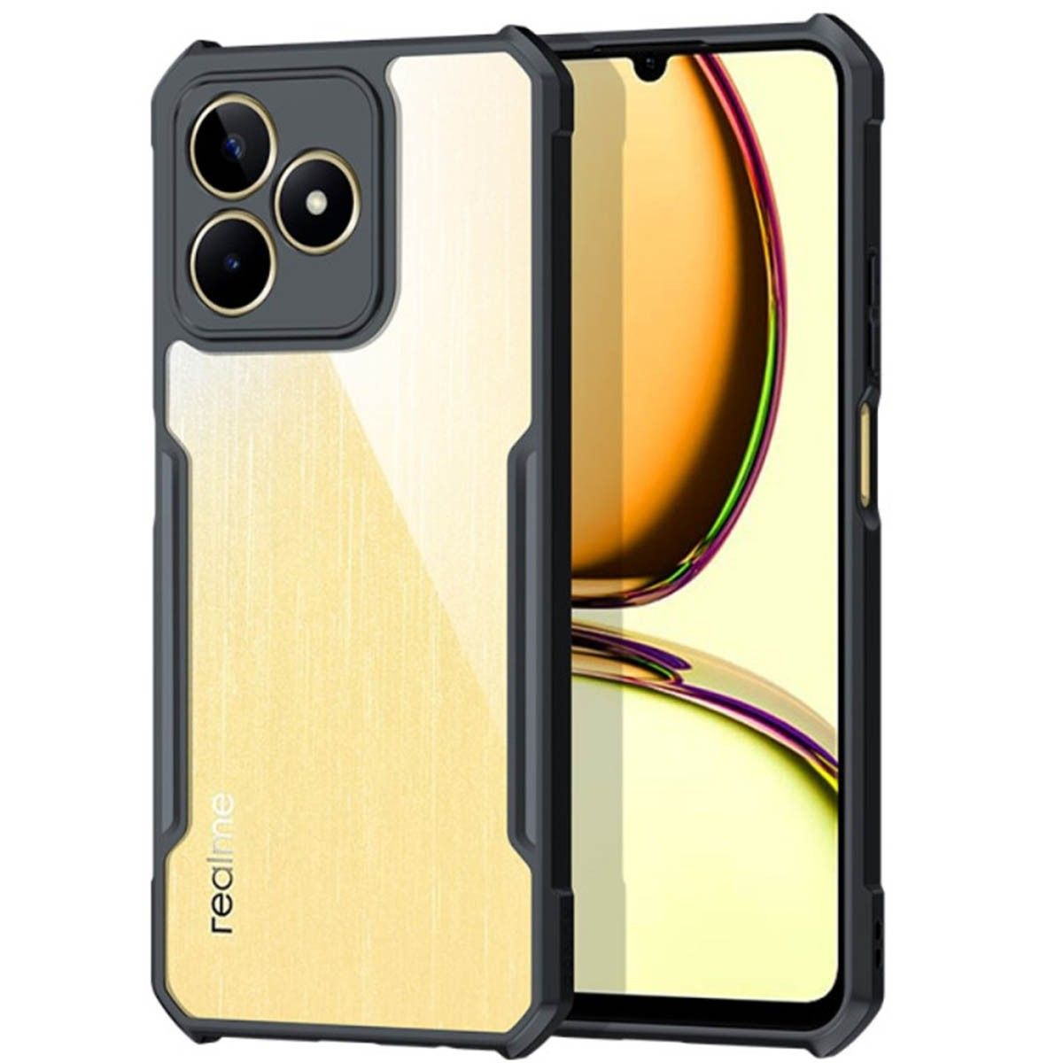 Custodia del telefono con un design oro e nero. Lo schermo mostra l'interfaccia del telefono.