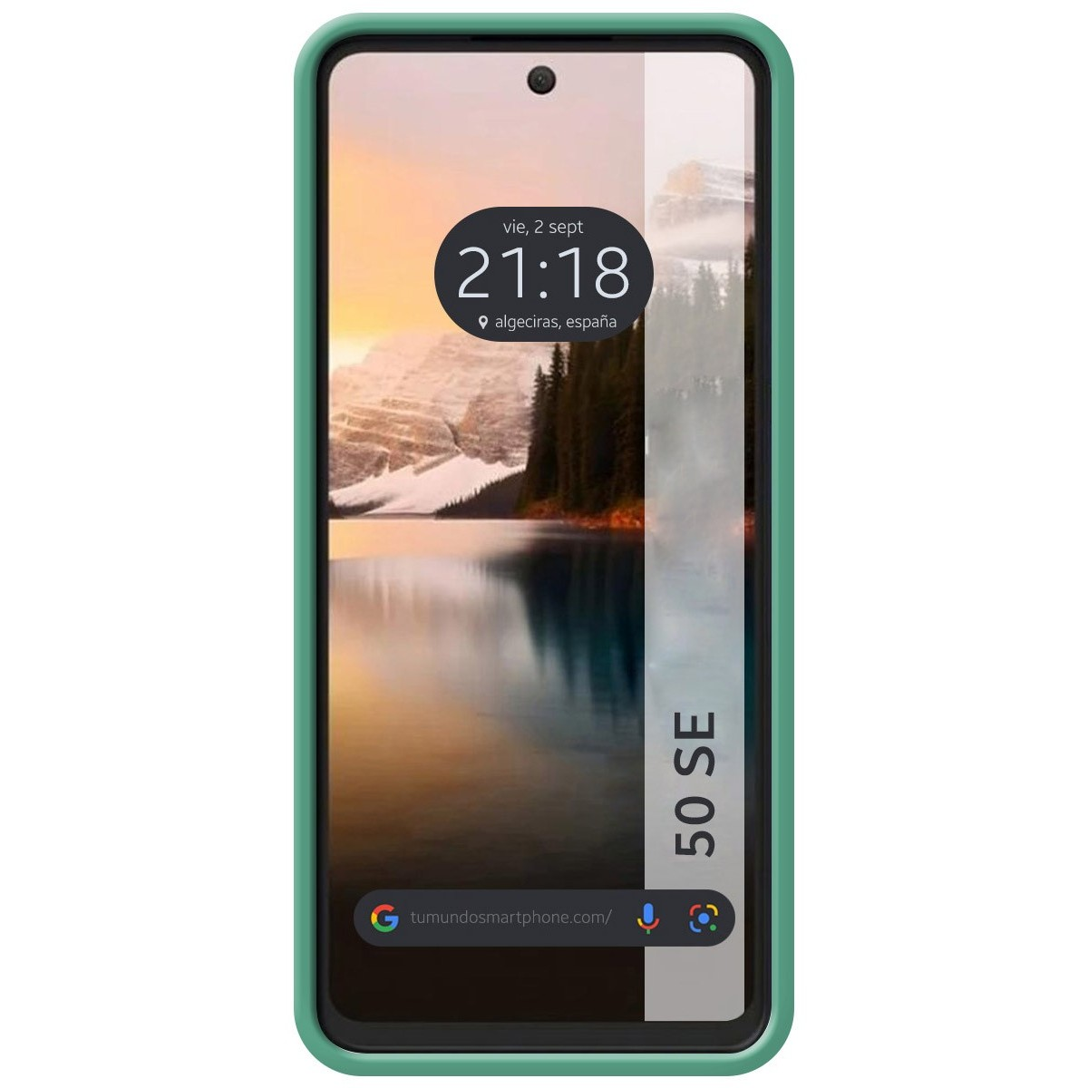 Una custodia verde per telefono con un telefono all'interno. Il telefono mostra l'ora e la data.
