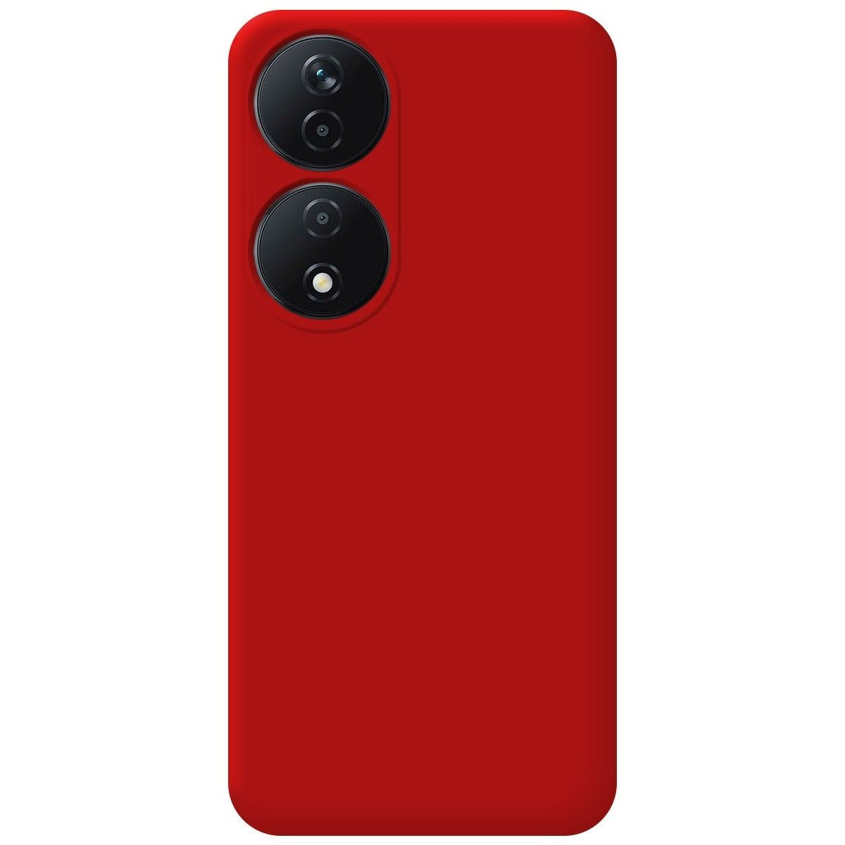 Una custodia per telefono rossa con un rilievo per la fotocamera, vista da dietro.