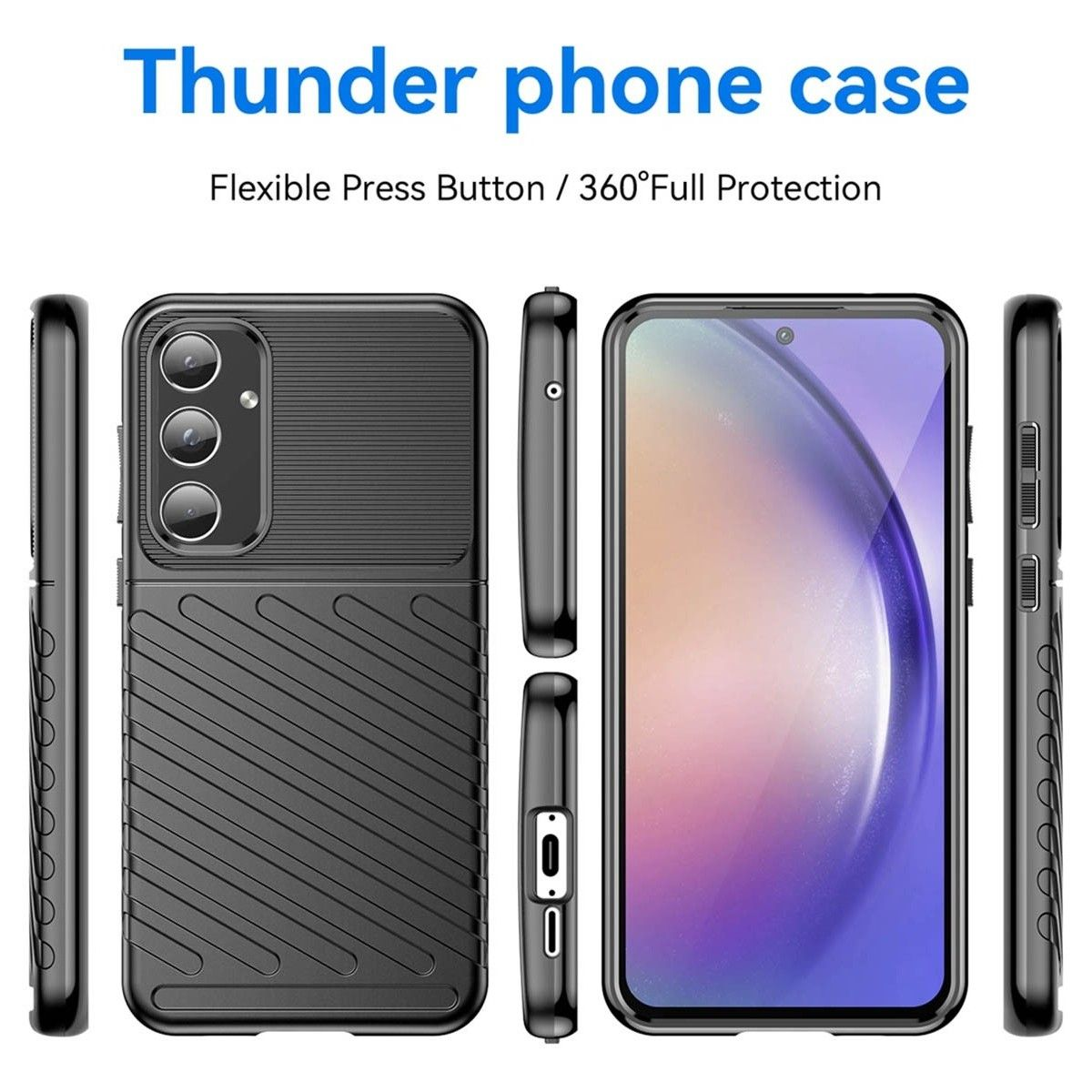 Custodia per telefono nera con design robusto. Mostra più angolazioni. Testo: Custodia Thunder, pulsante flessibile.