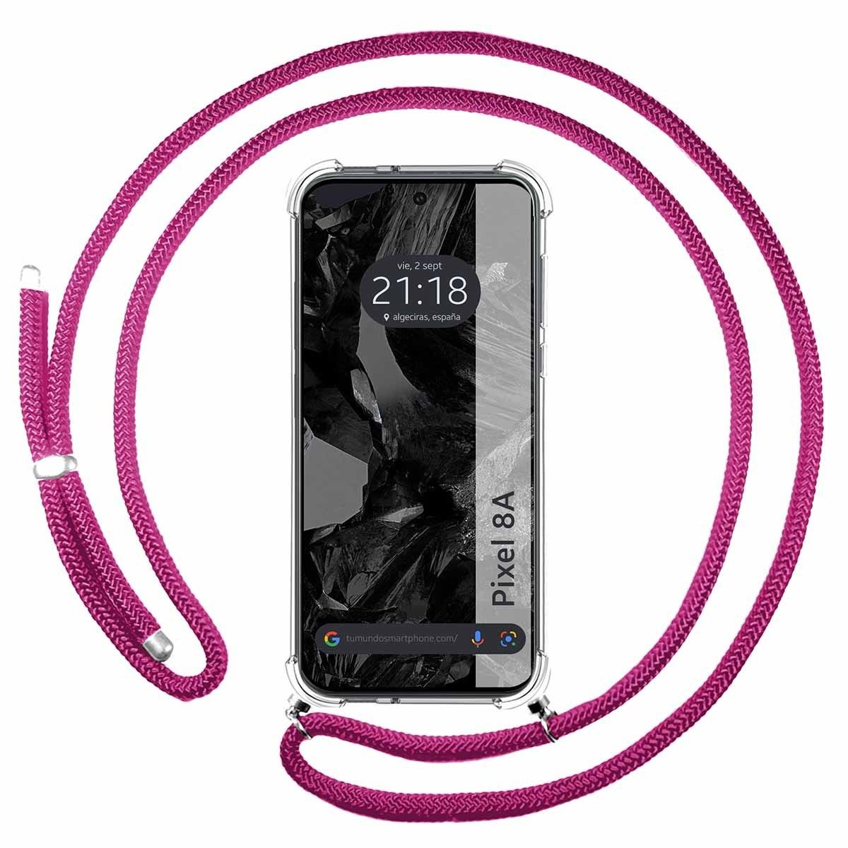 Una custodia per telefono rosa con una corda rosa attaccata.