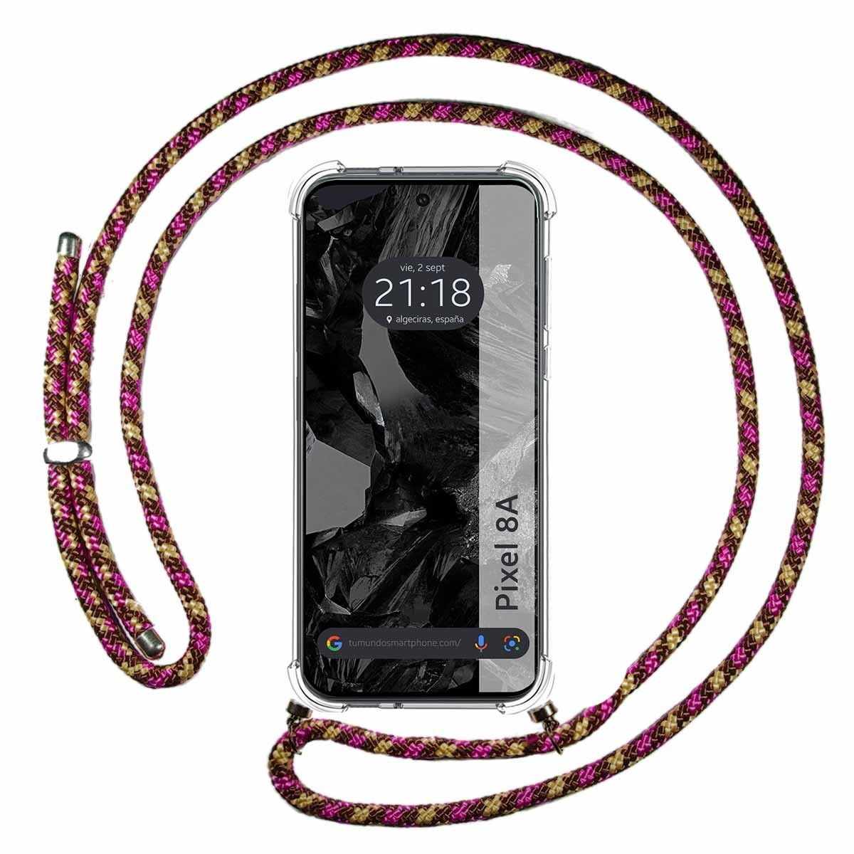 Custodia per telefono con cordino. Il telefono mostra ora e posizione. Si vede il Pixel 8A.