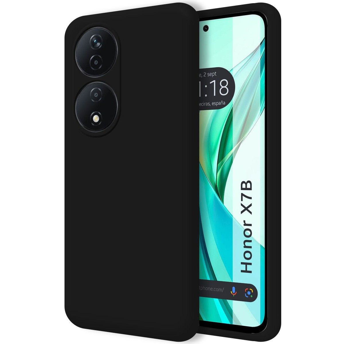 Telefono nero con custodia nera. Lo schermo mostra l'ora. Obiettivi della fotocamera visibili.