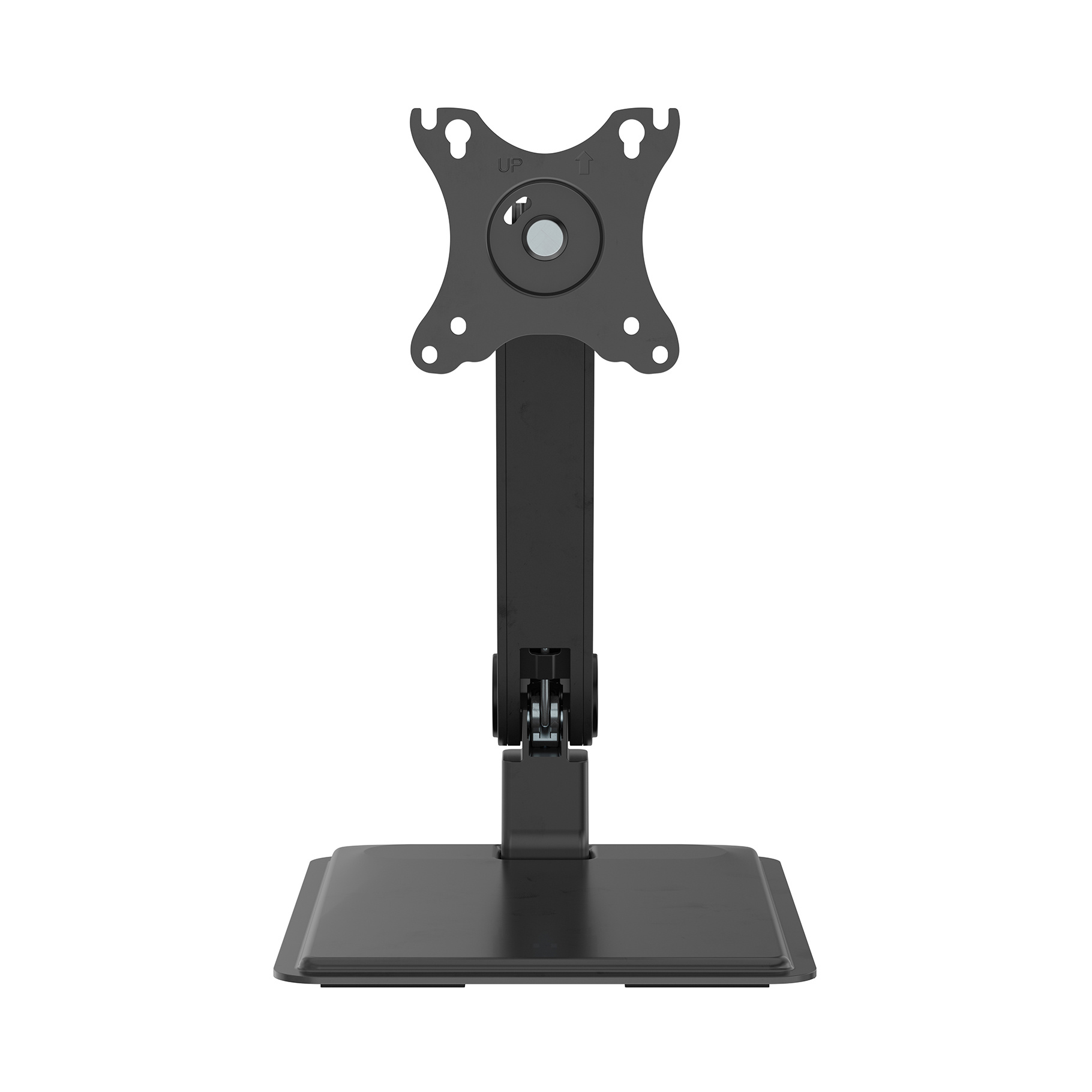 Een zwarte monitorstandaard met een voet en een beugel. De standaard is leeg.