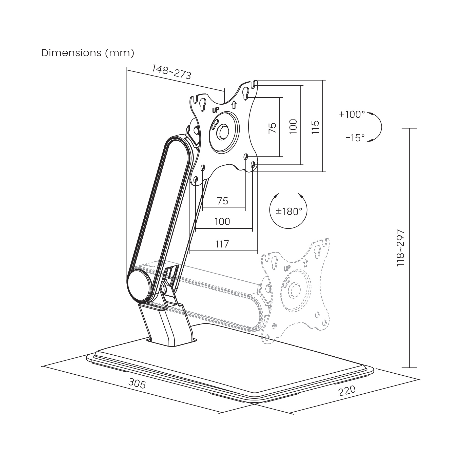 Technische tekening van een monitorarm, met afmetingen en graden voor aanpassingen.