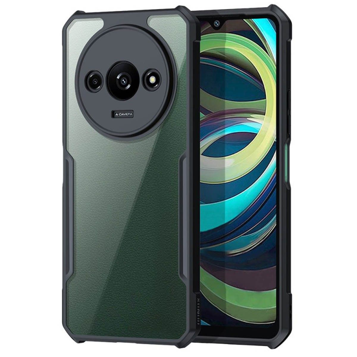 Smartphone con una custodia protettiva verde scuro. La custodia ha un modulo fotocamera circolare e un bordo nero.