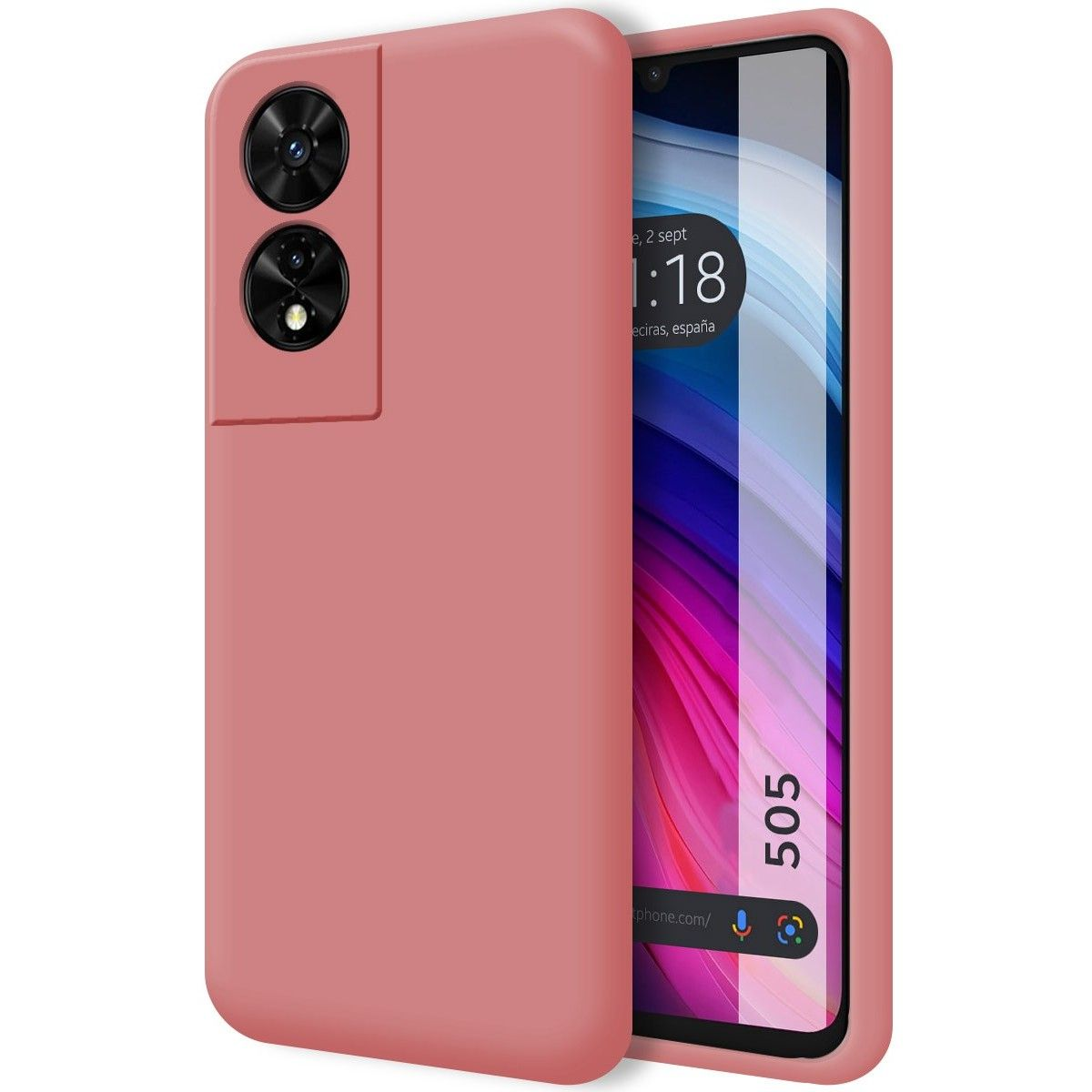 Custodia per telefono rosa. Lo schermo mostra ora e luogo.