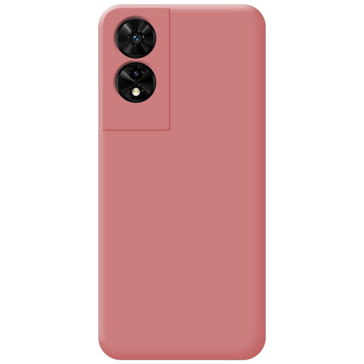 Custodia rosa per telefono con doppia fotocamera. Lo sfondo è una superficie bianca.
