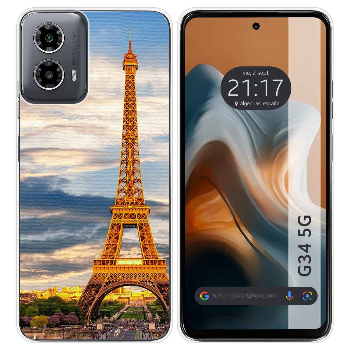 Funda de teléfono con la Torre Eiffel, escena del atardecer.