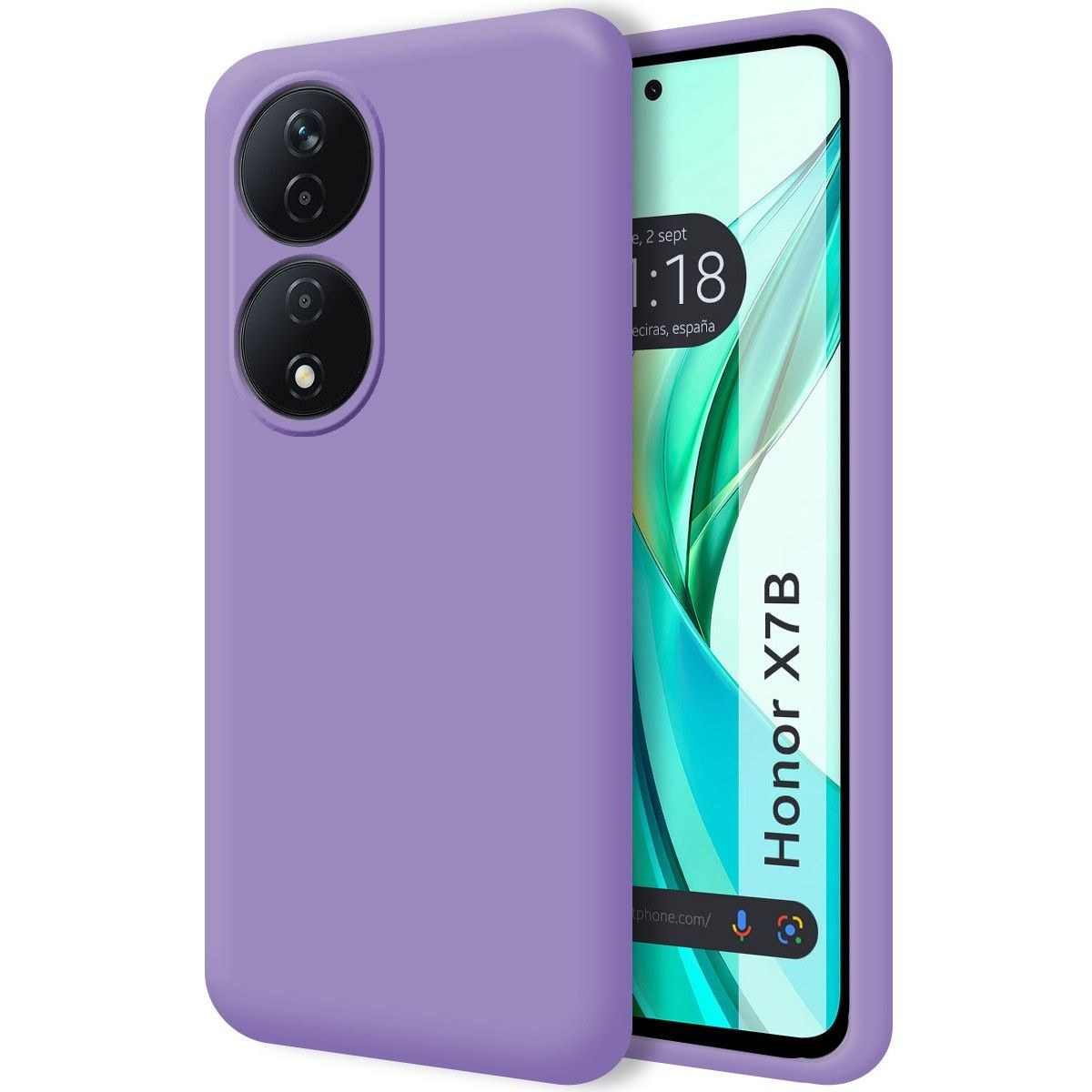 Custodia viola, lo schermo mostra un menu con testo.