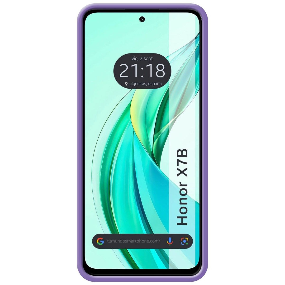 Un telefono con custodia viola mostra l'ora e la data. Il marchio è Honor X7B.