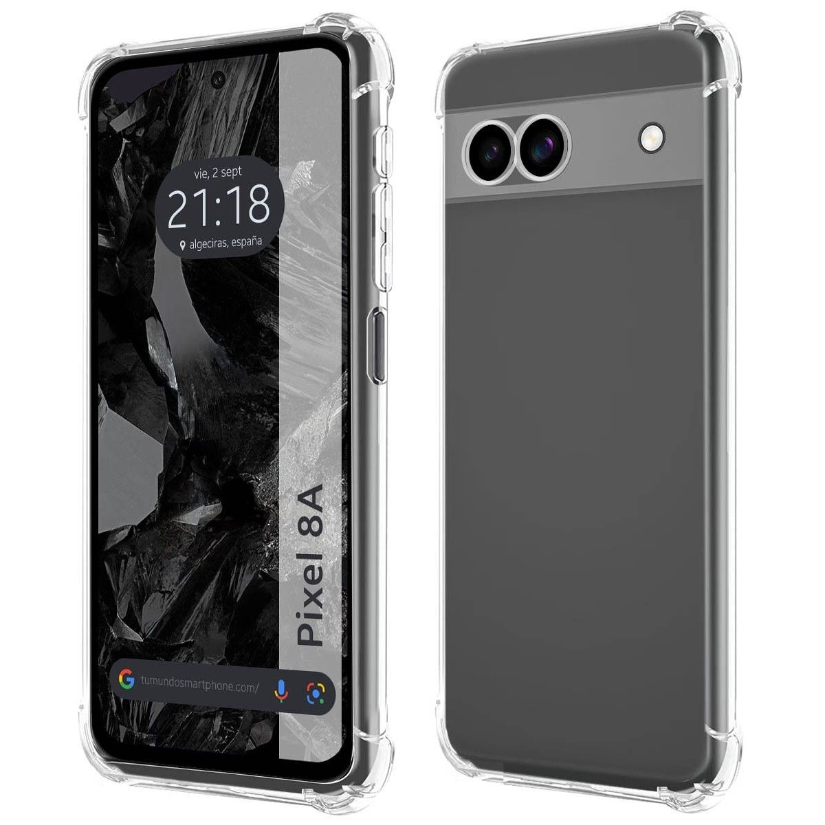Teléfono con funda protectora. La pantalla del teléfono muestra un fondo borroso y la hora.