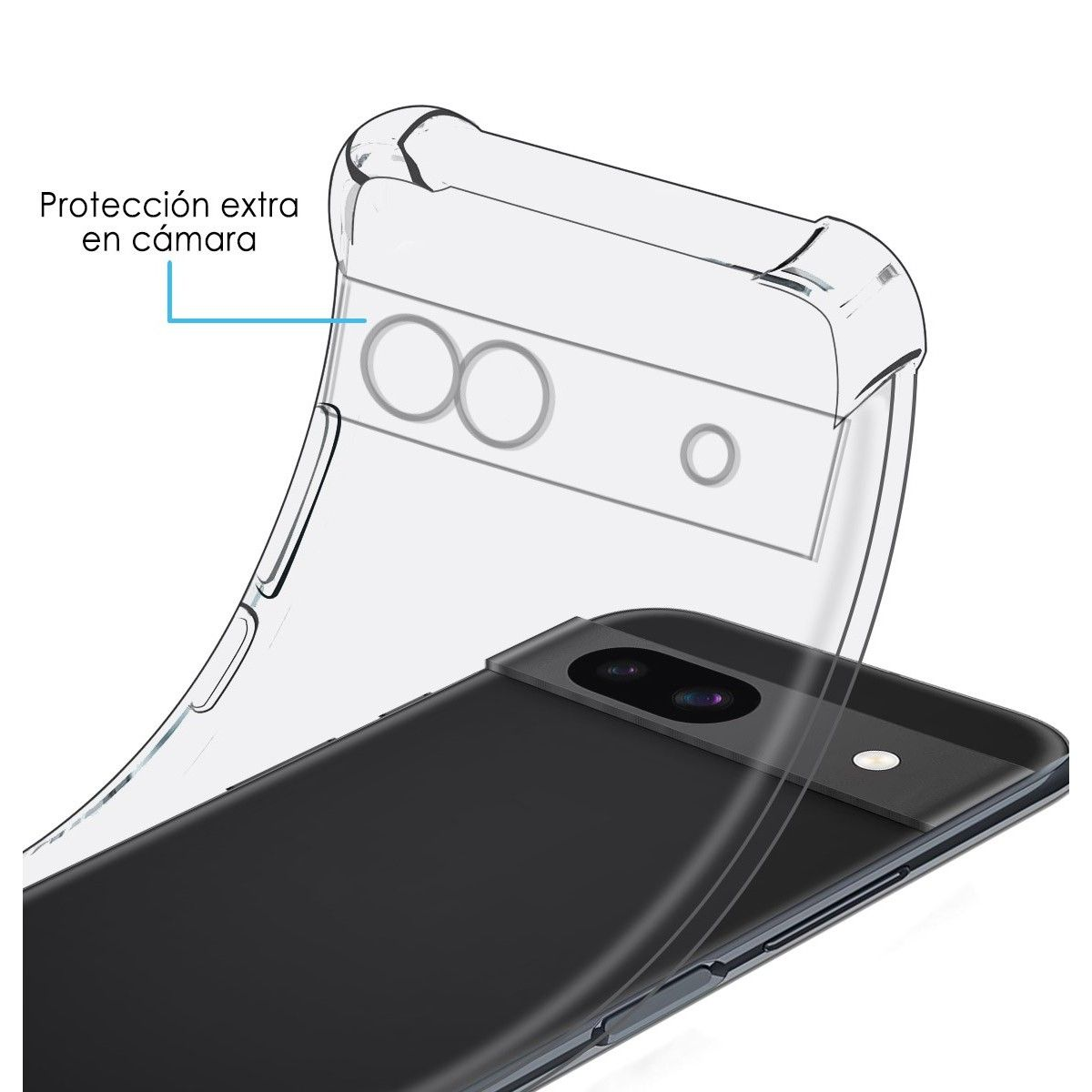 Funda transparente sobre teléfono negro. Texto indica protección extra para la cámara.