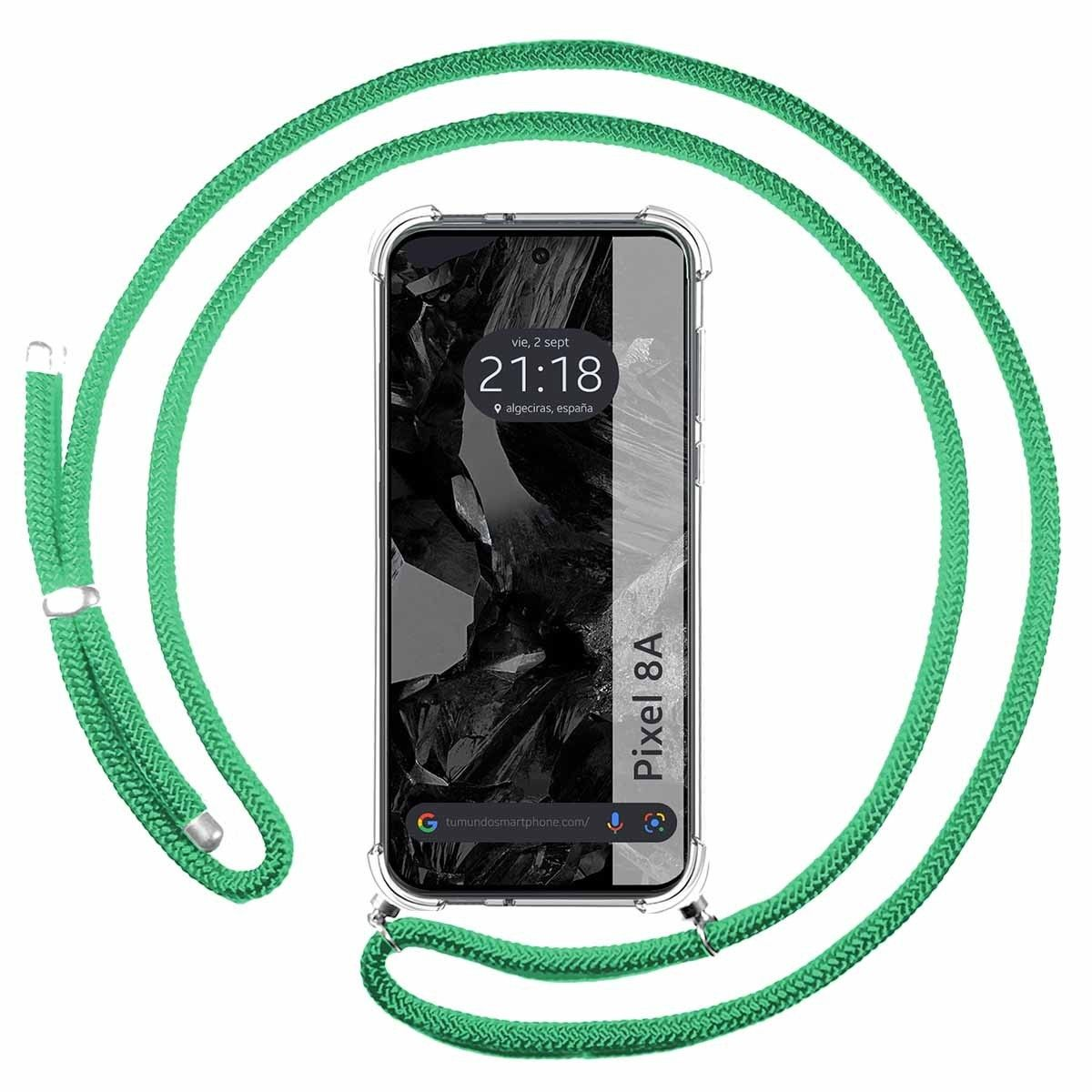 Telefono con cordino verde, schermo mostra ora e paesaggio.