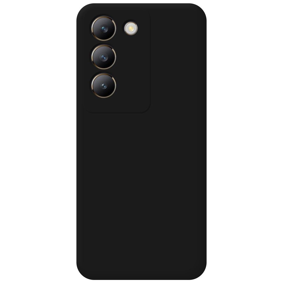 Retro del telefono nero con tre obiettivi e un flash, design minimalista.