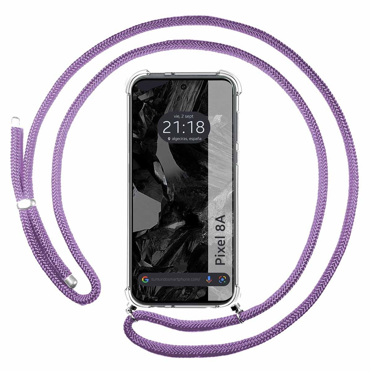 Un telefono con un cordino viola. Lo schermo mostra l'ora, la posizione e Pixel 8A.