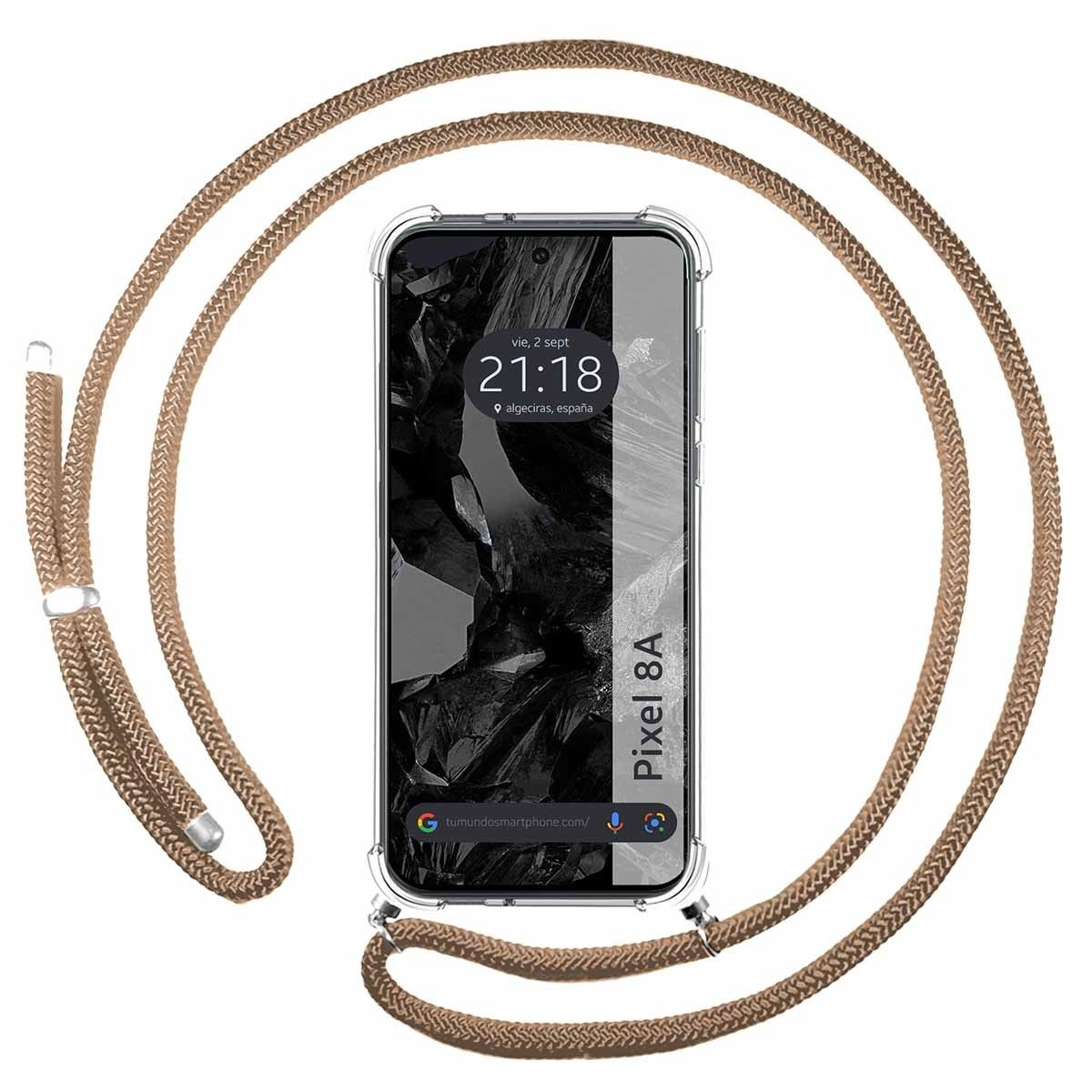 Telefono con cordino, corda marrone, lo schermo mostra un orologio e il testo Pixel 8A.