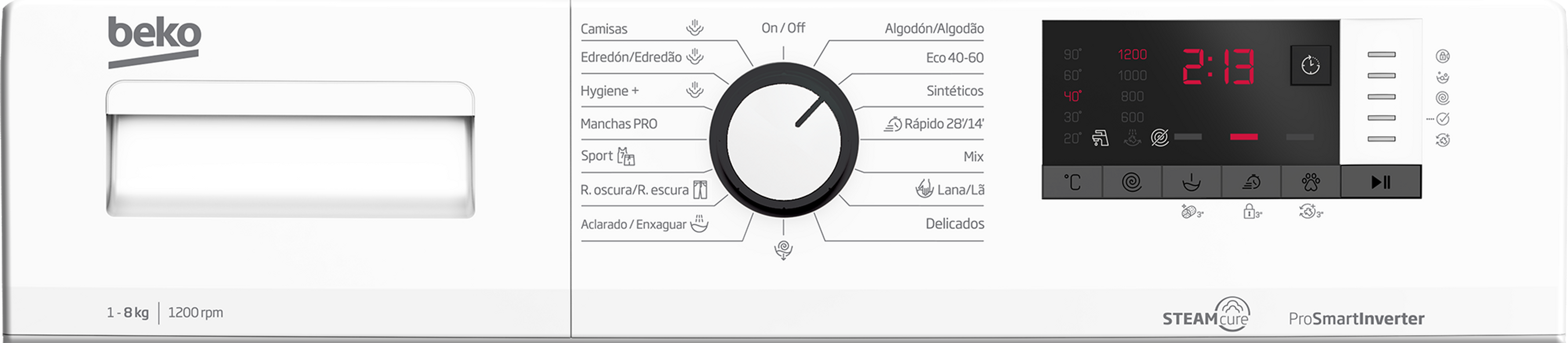 Panel de control de lavadora con ajustes y pantalla digital.