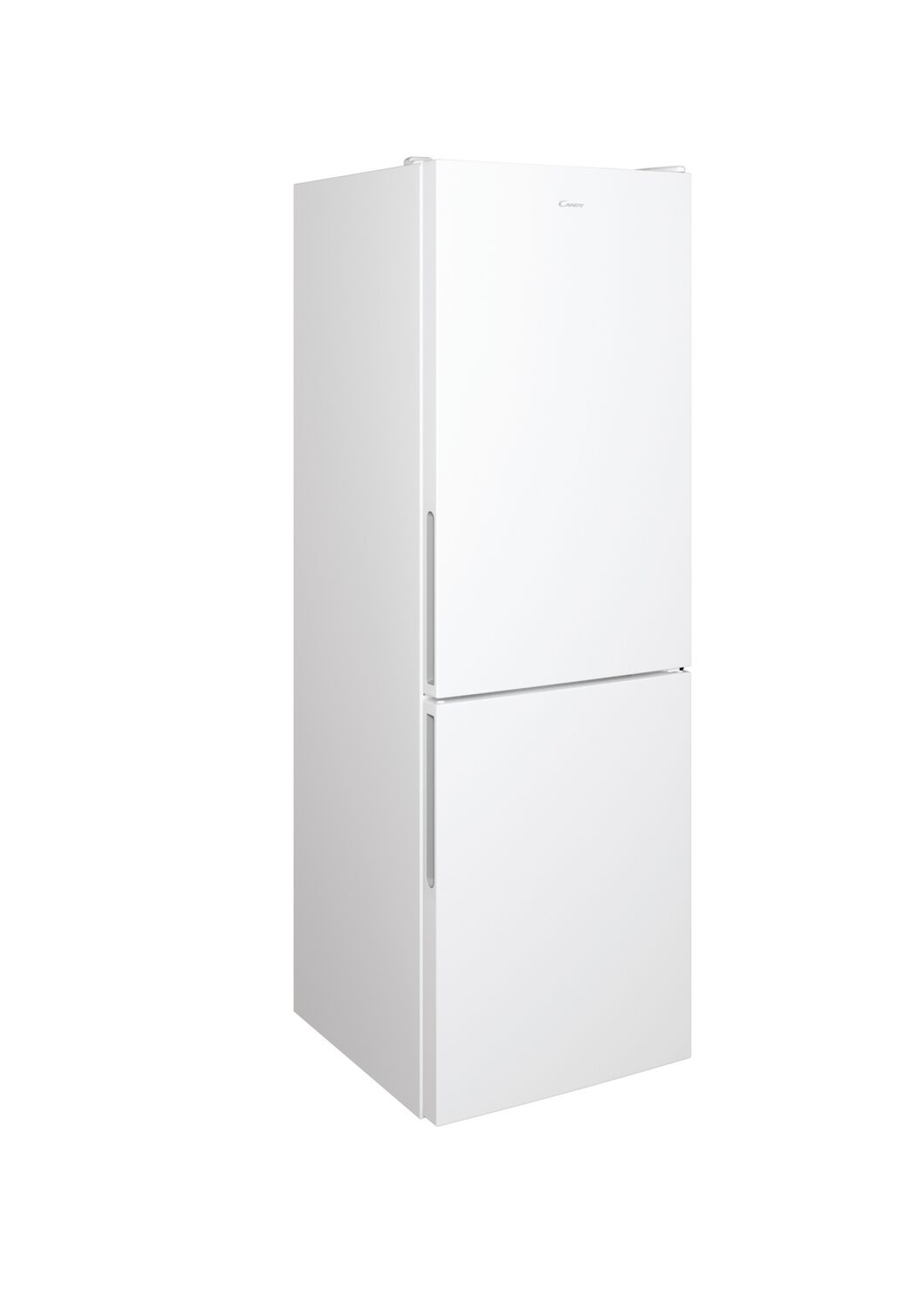 Frigorifero bianco e moderno con due porte. La porta superiore è più grande.