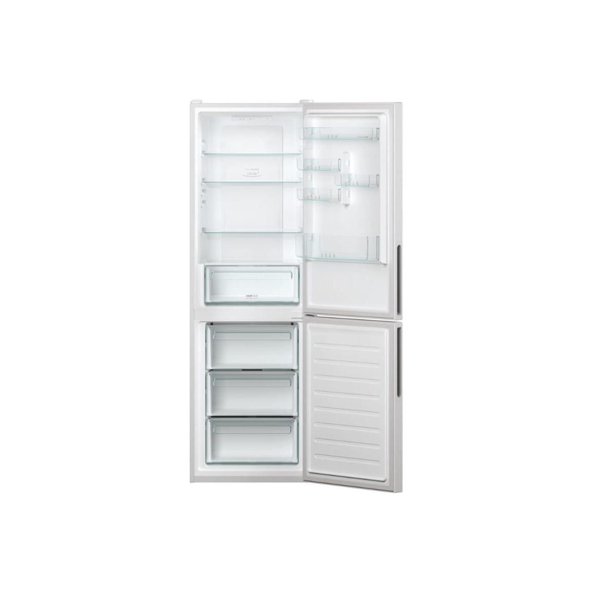 Un frigorifero bianco con due porte aperte. L'interno mostra ripiani e cassetti.