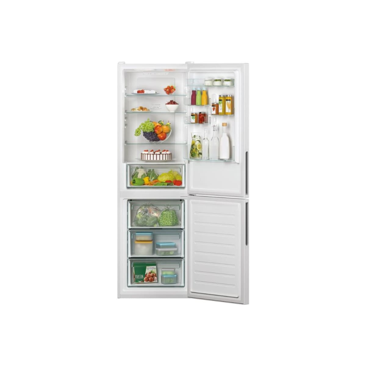 Frigorifero aperto con cibo. Frutta, verdura, bevande e altri alimenti all'interno. Bianco.