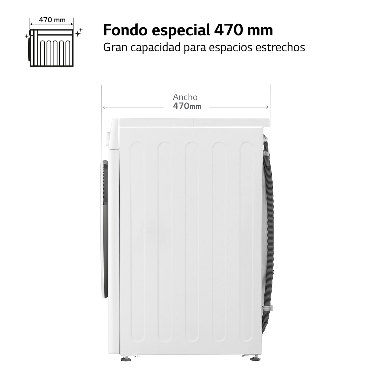 Biała pralka z wymiarami w mm z boku i tekstem w języku hiszpańskim.