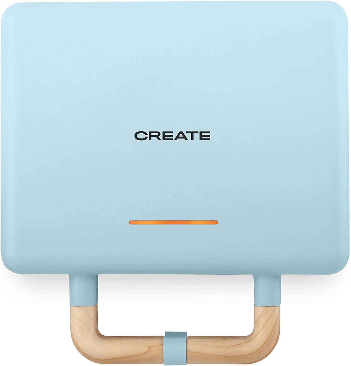 Electrodoméstico CREATE azul claro con mango de madera y luz naranja.