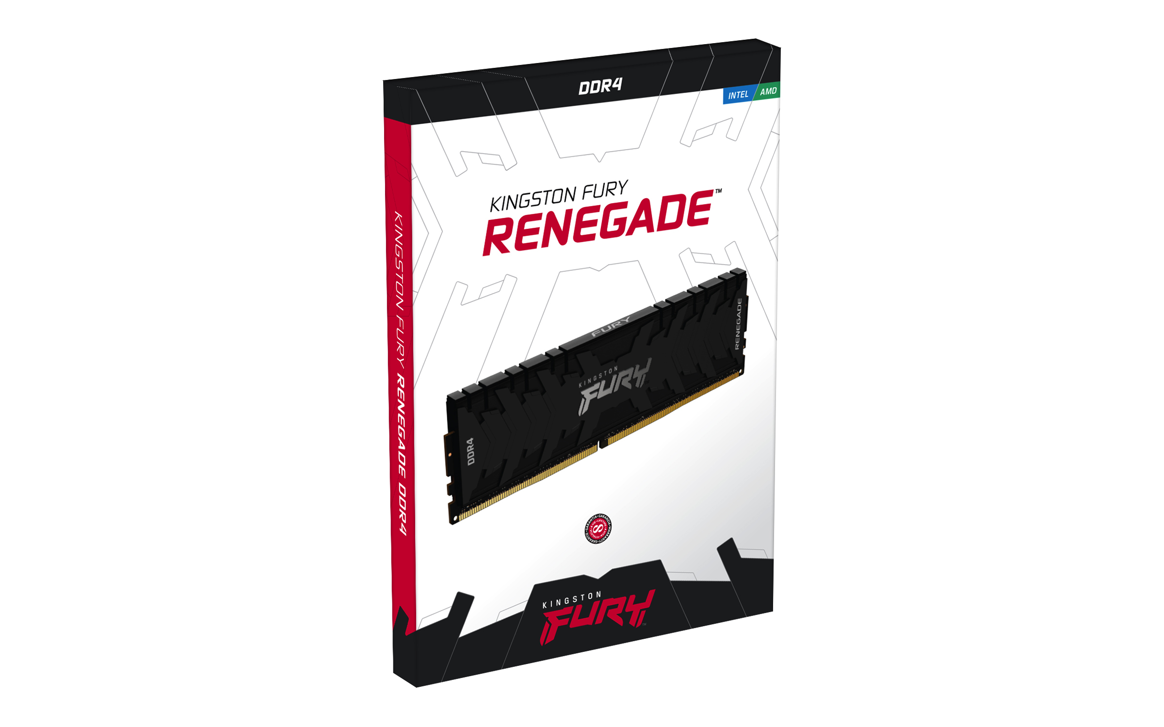 Pudełko RAM Kingston Fury Renegade DDR4, czarne i czerwone, na białym tle. Pudełko jest prostokątne.