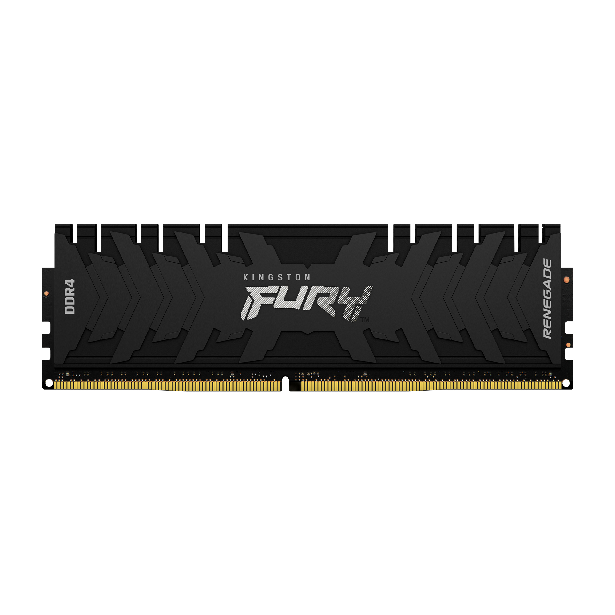 Czarny moduł RAM DDR4 z logo "KINGSTON FURY" na białym tle. Widoczne złote złącza.