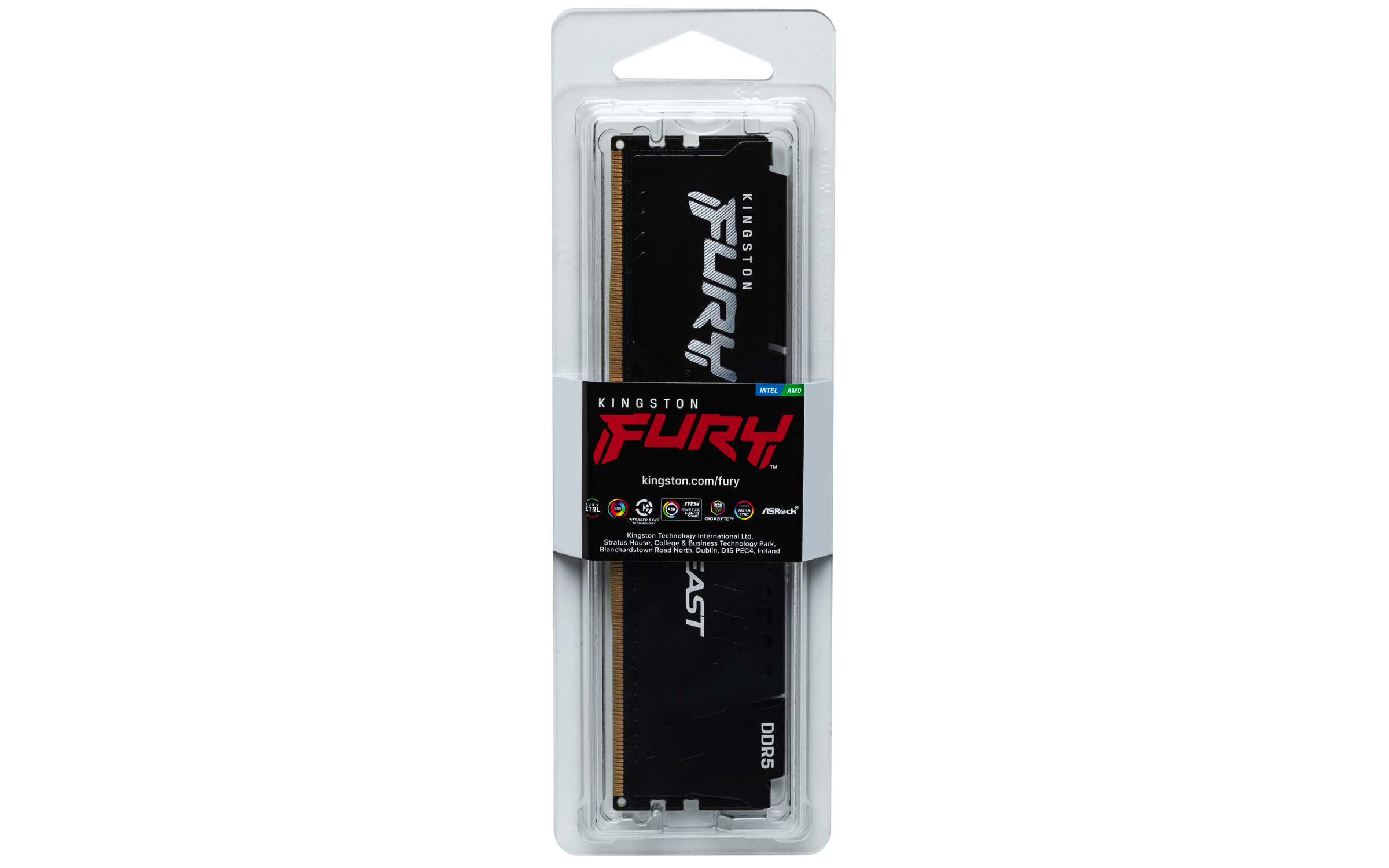 Pamięć RAM Kingston Fury DDR5 w plastikowym opakowaniu, czarno-biała etykieta, białe tło.