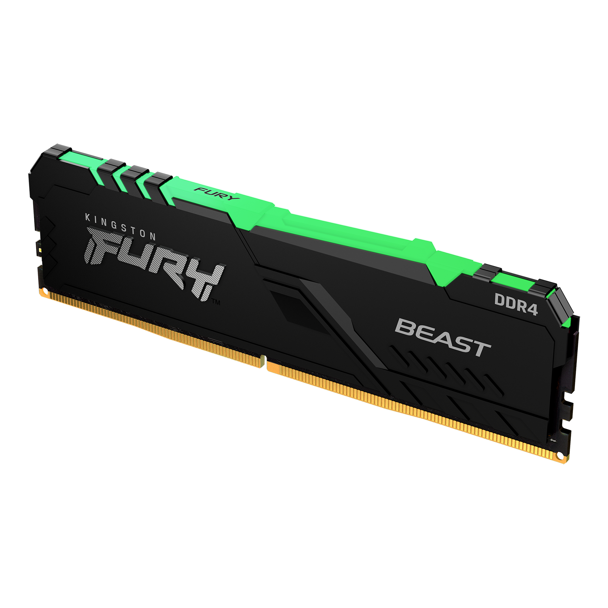 Ein Kingston Fury Beast DDR4 RAM-Riegel, schwarz mit grünen Akzenten und Text, auf weißem Hintergrund.