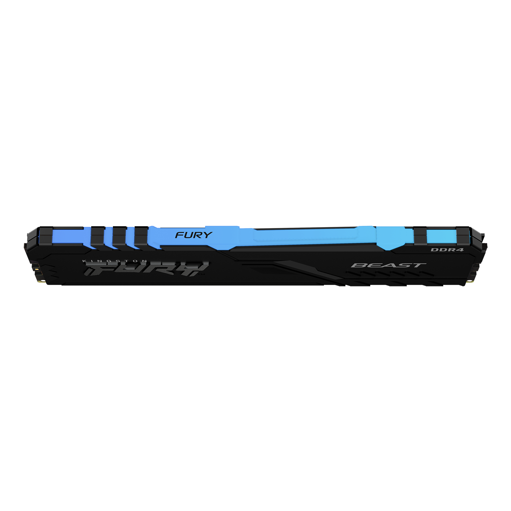 Schwarzer RAM-Speicherriegel mit blauen Akzenten und Text. Weißer Hintergrund.