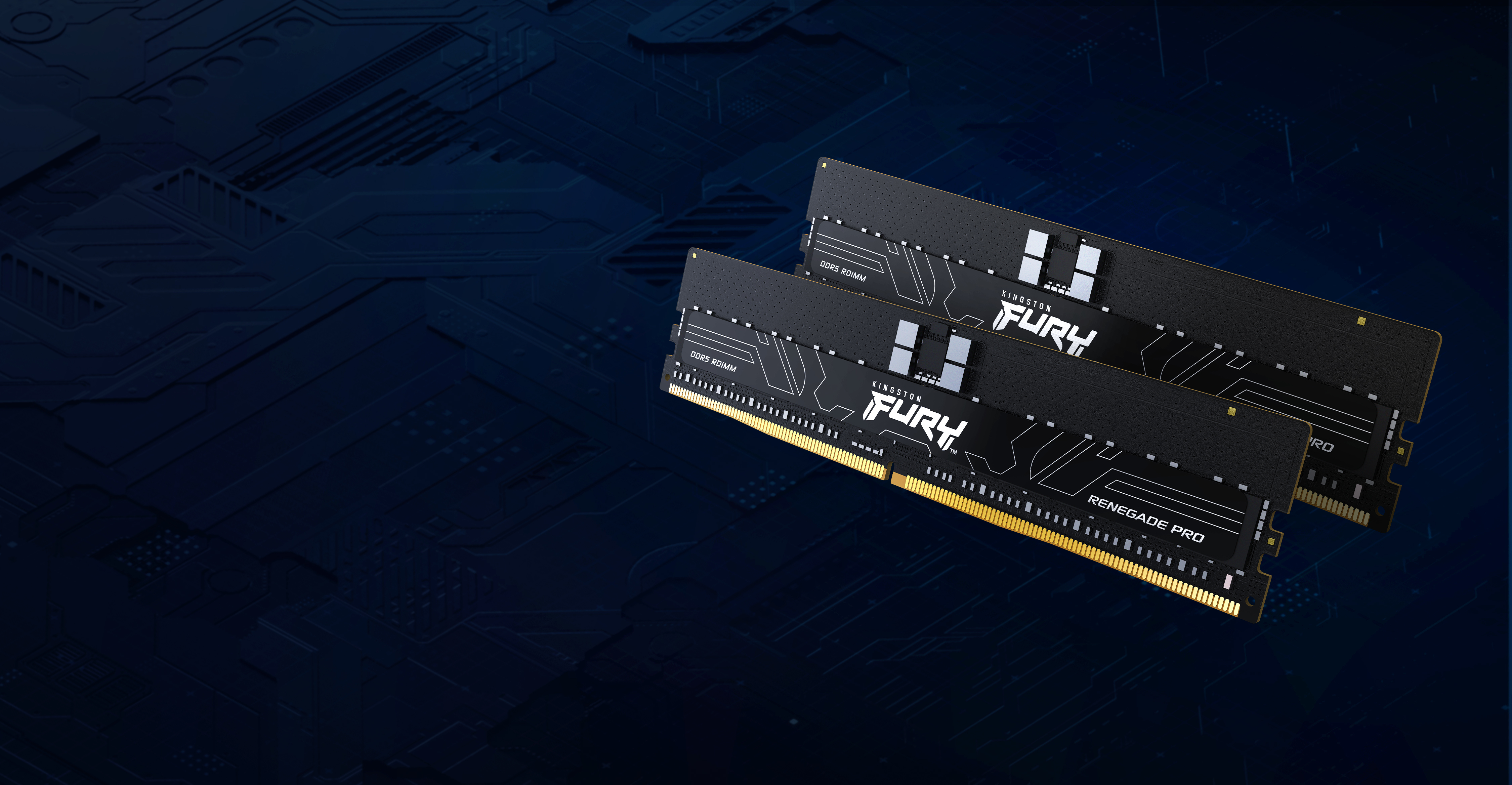 Dwa czarne moduły RAM na ciemnoniebieskim tle technologicznym.