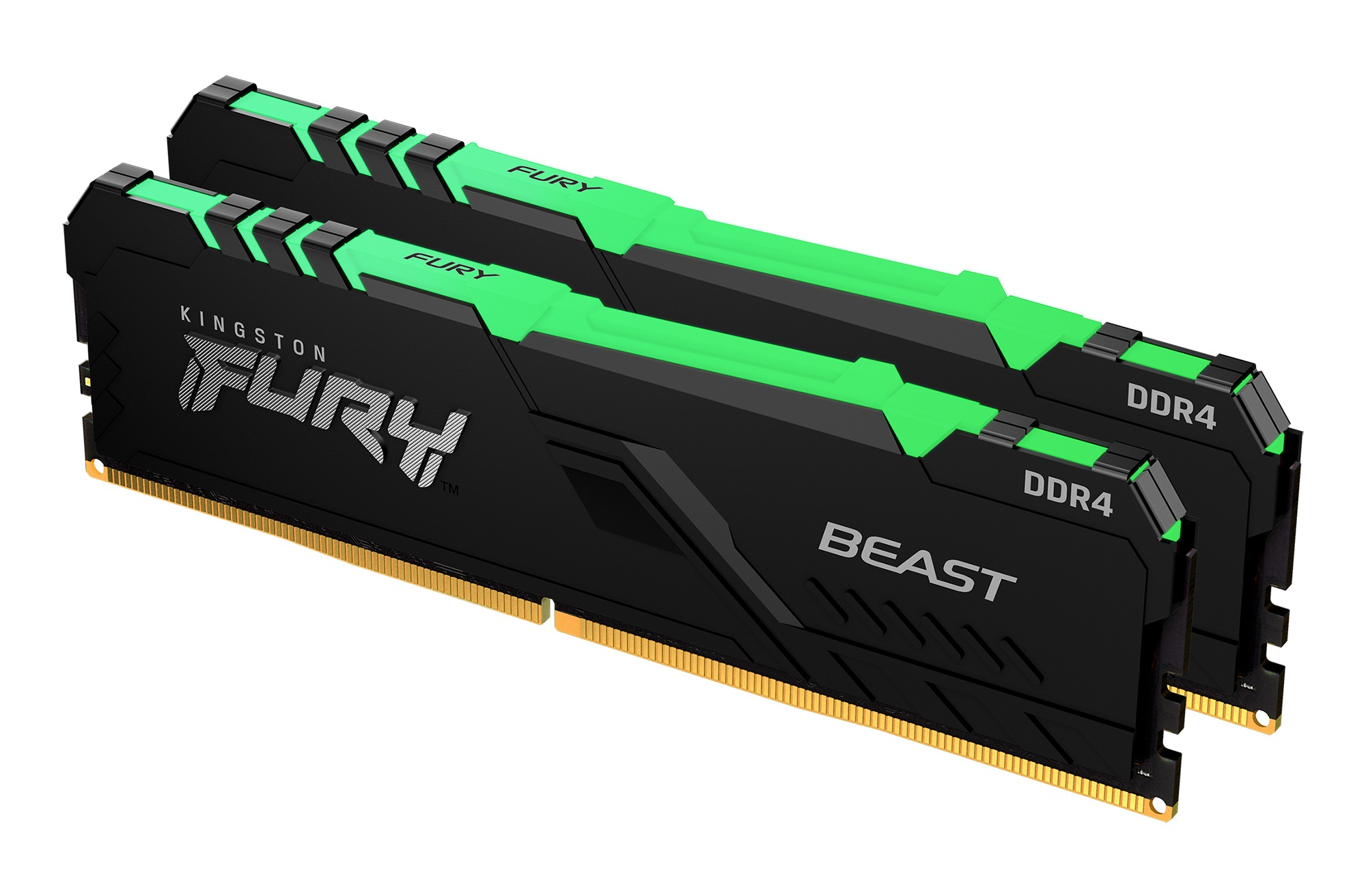 Zwei schwarze und grüne Computer-RAM-Riegel mit der Marke Kingston Fury.