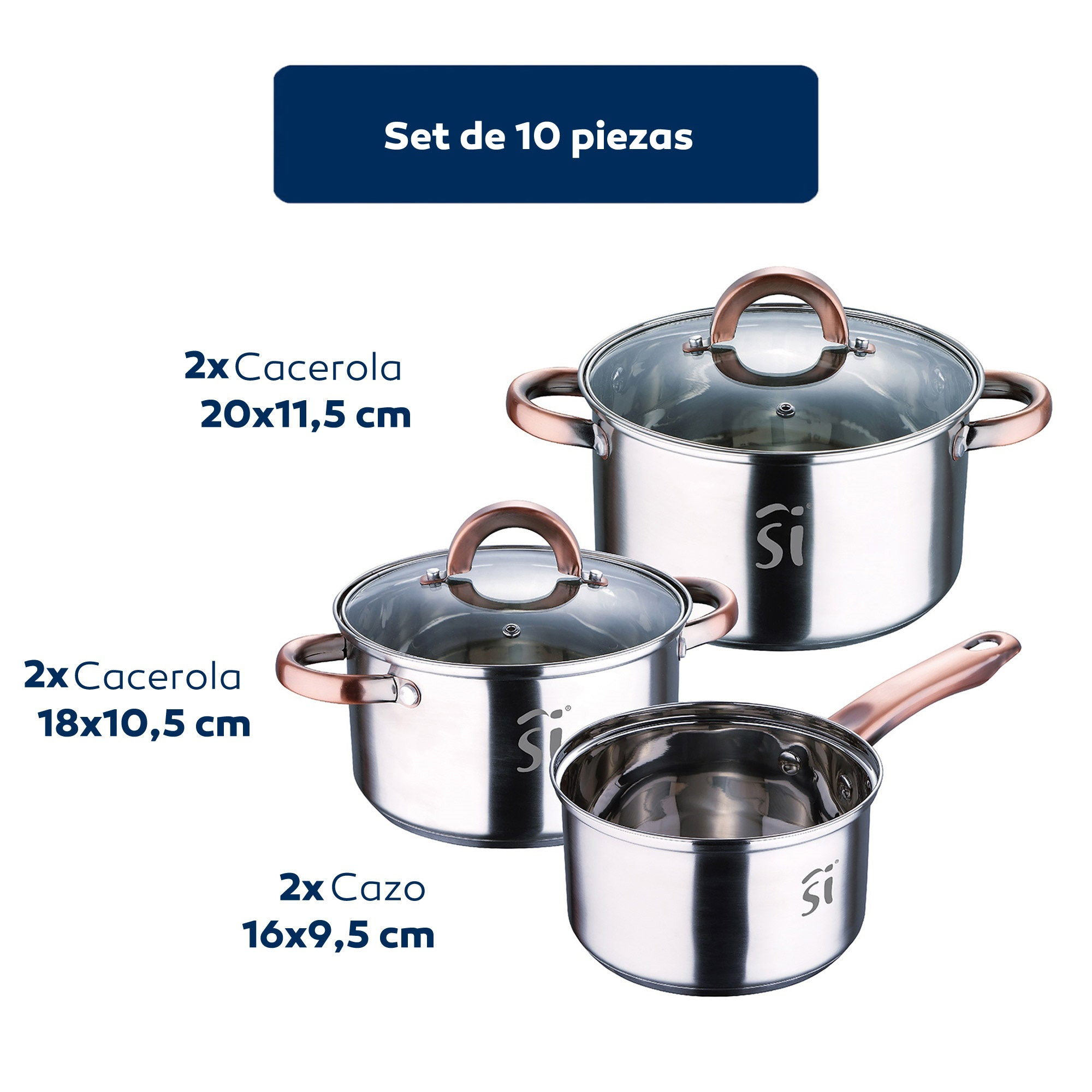 Juego de ollas y sartenes de acero inoxidable con tapas de vidrio. 3 piezas con asas de cobre.