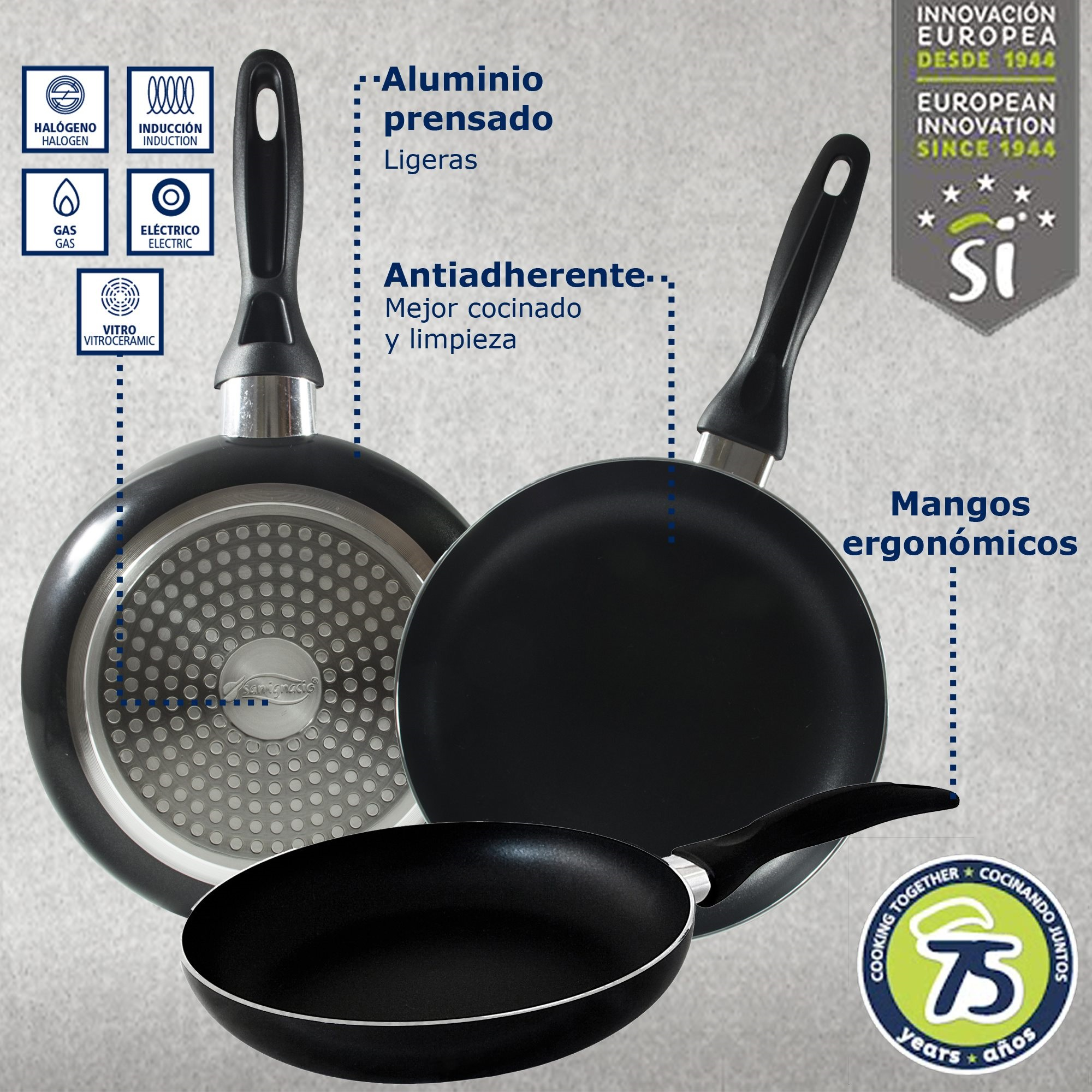 Dos sartenes negras. Texto sobre inducción, gas y vitrocerámica, y mangos ergonómicos. Un logo está abajo a la derecha.